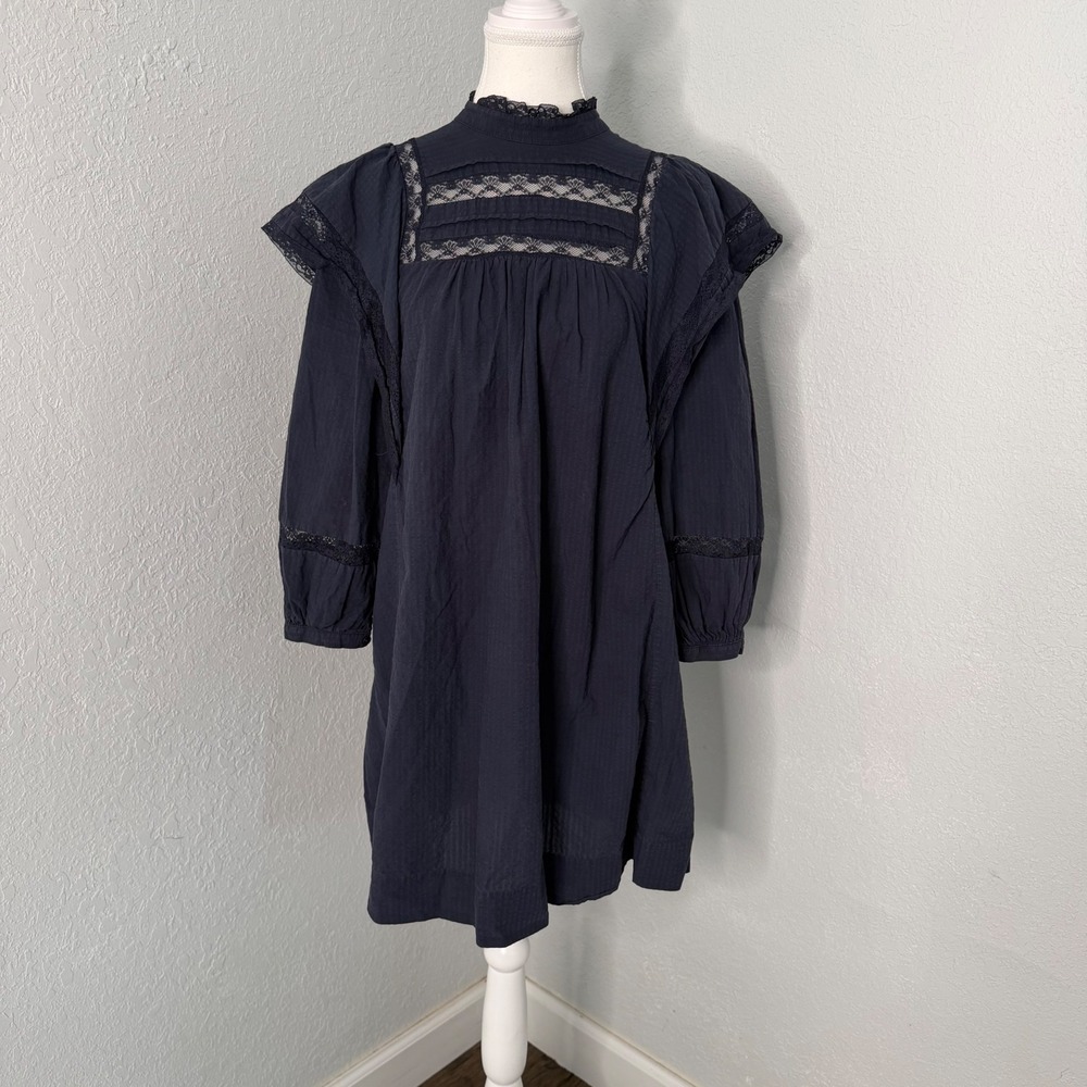 Maeve Anthropologie Navy Blue Lace Ruffle Mock Neck Mini Dress Size 2 Victorian